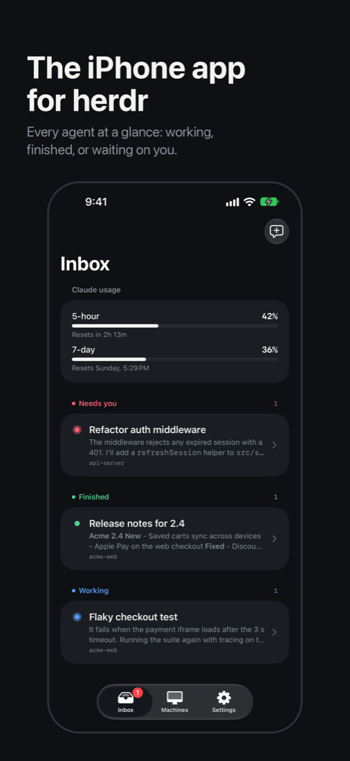Corral inbox showing agents that need you, finished agents and Claude usage